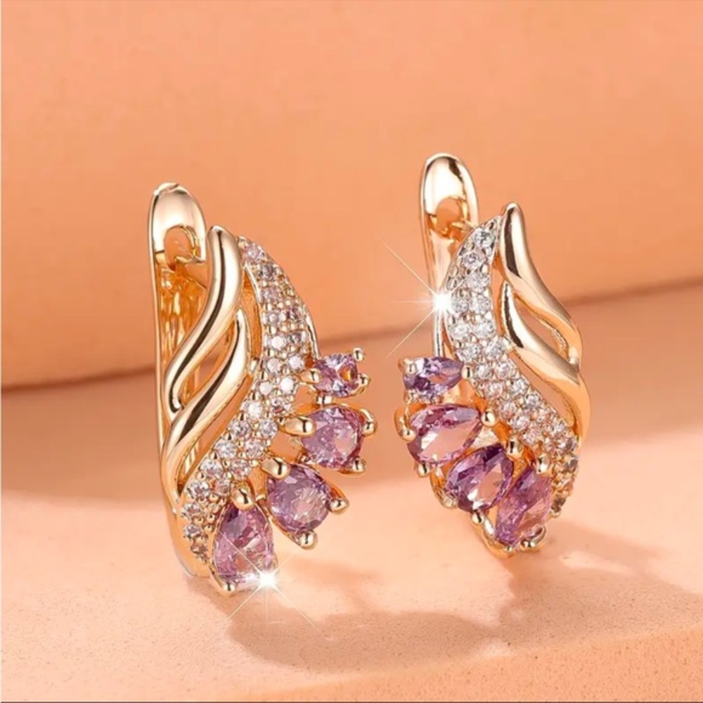 Purple Zirconia Wing Earrings Gold Tone Crystal Studs Angel Feather NWT